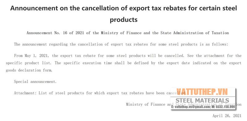 China bãi bỏ hoàn thuế xuất khẩu thép 146 mục sản phẩm thép 2021